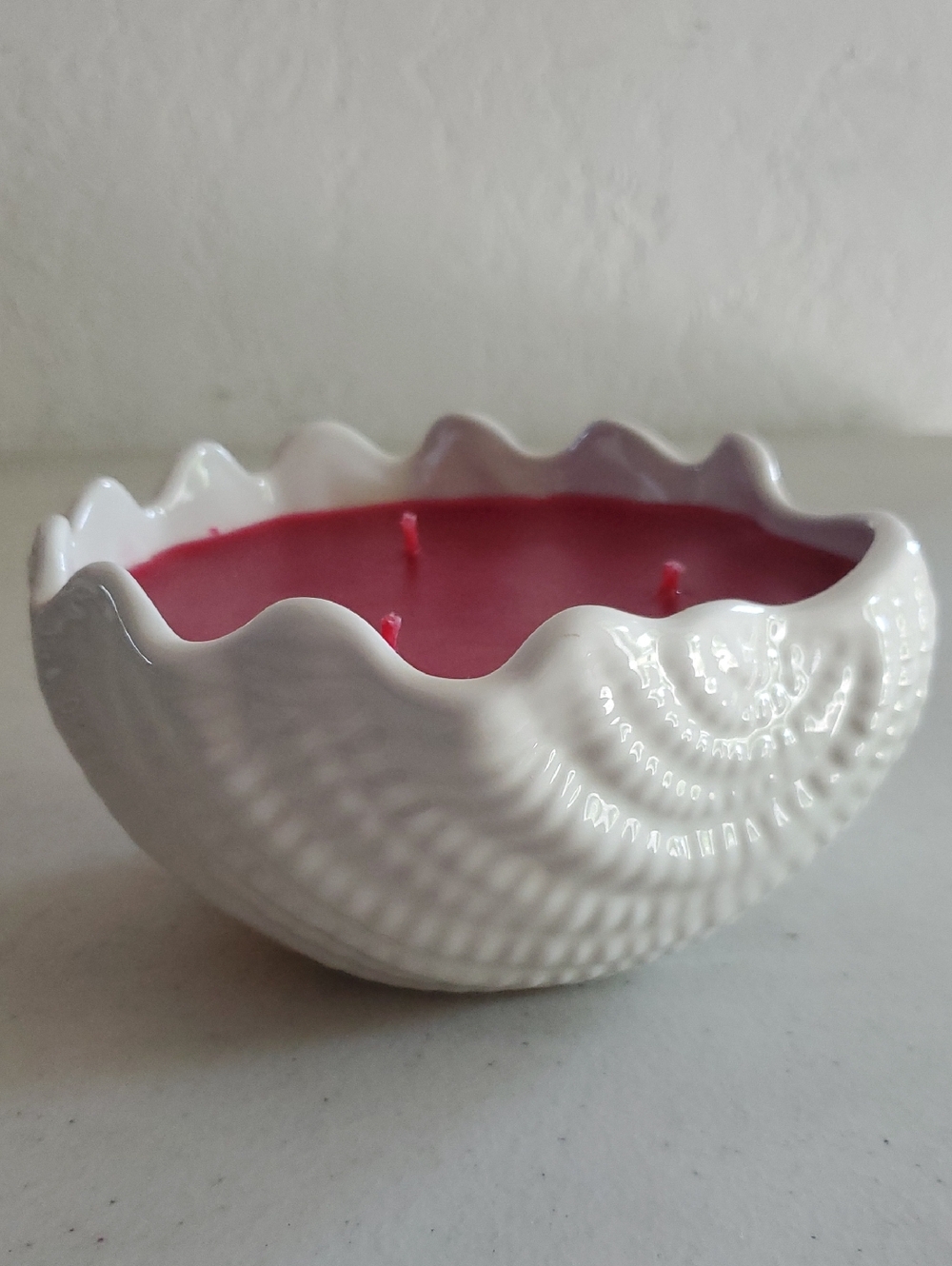 Elegant Shell shaped Stoneware filled with Baked Apple Pie scent candle, 3 wicks